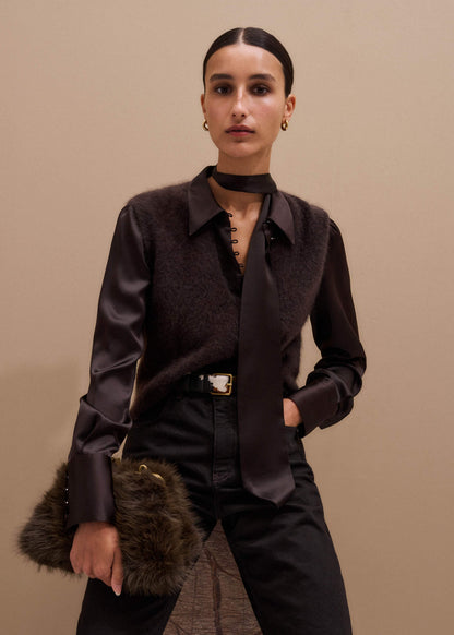 ME+EM Brown Brushed Cashmere V-Neck Sweater Vest