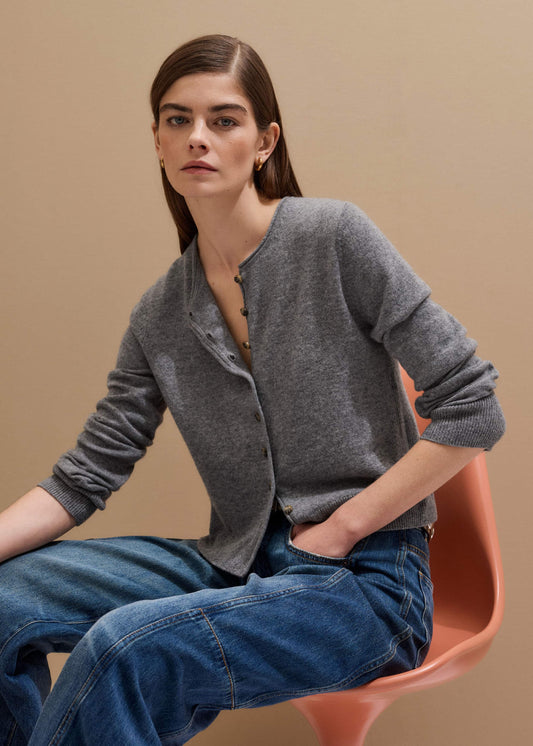 ME+EM Gray Cashmere Roll Trim Straight Cardigan
