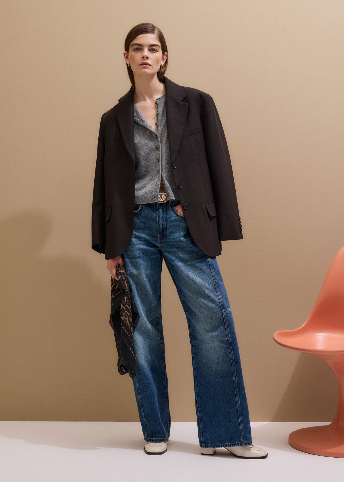 ME+EM Gray Cashmere Roll Trim Straight Cardigan