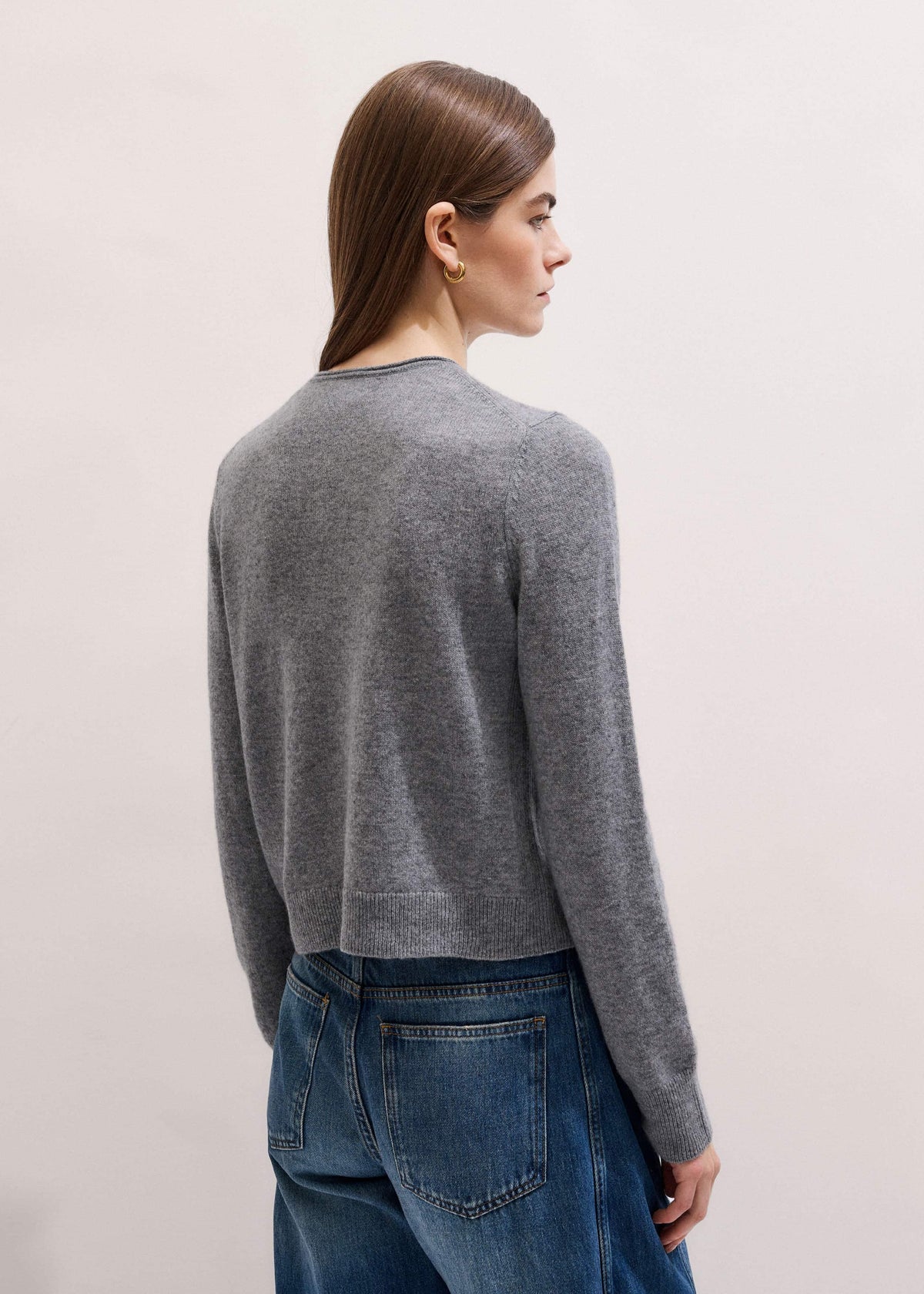 ME+EM Gray Cashmere Roll Trim Straight Cardigan