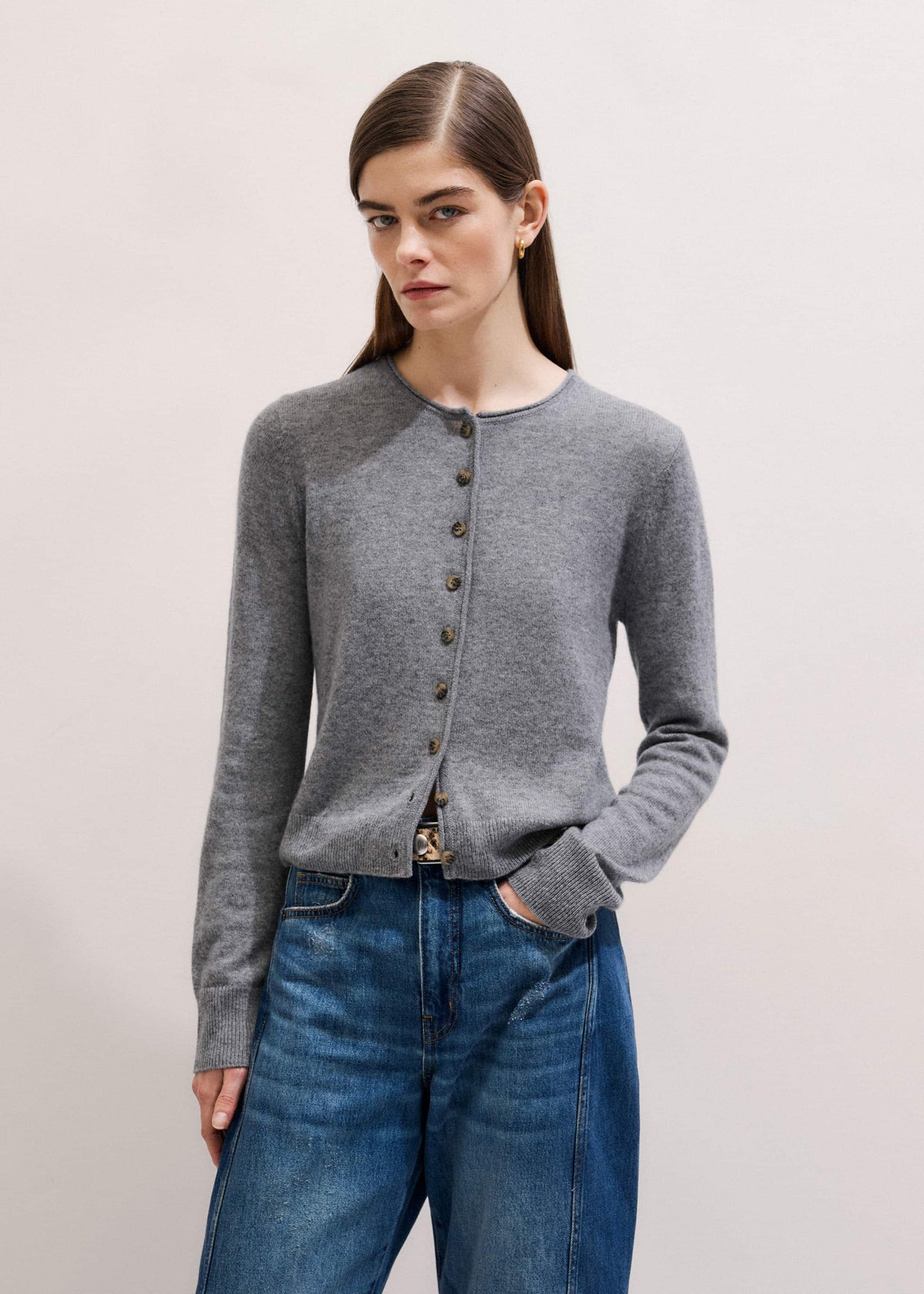 ME+EM Gray Cashmere Roll Trim Straight Cardigan