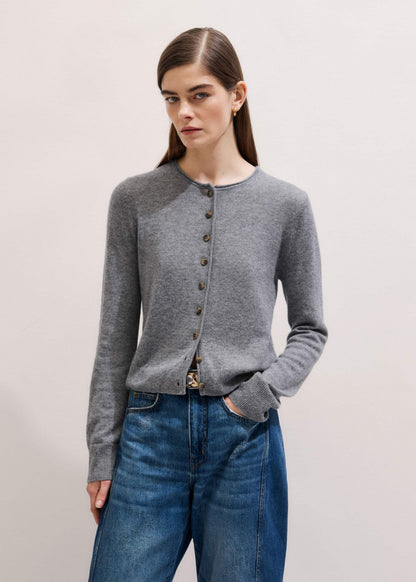 ME+EM Gray Cashmere Roll Trim Straight Cardigan