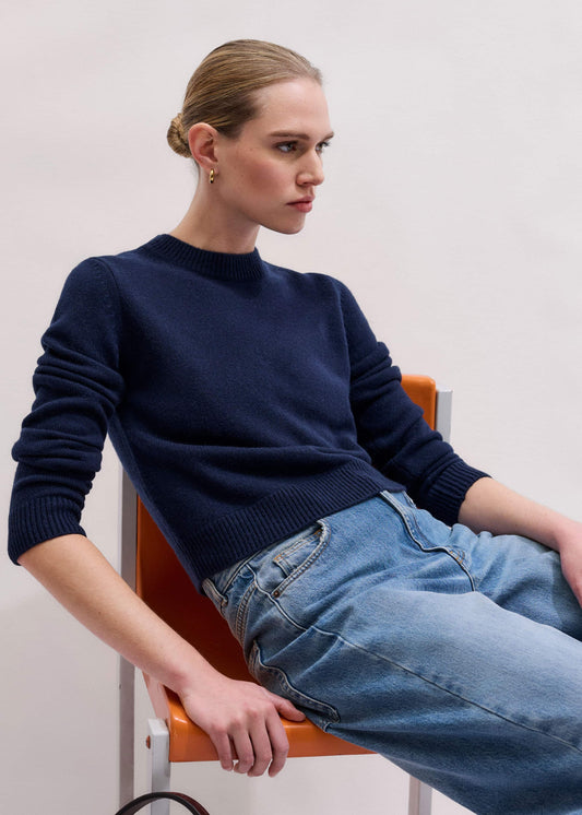ME+EM Navy Cashmere Crew Neck Crop Sweater