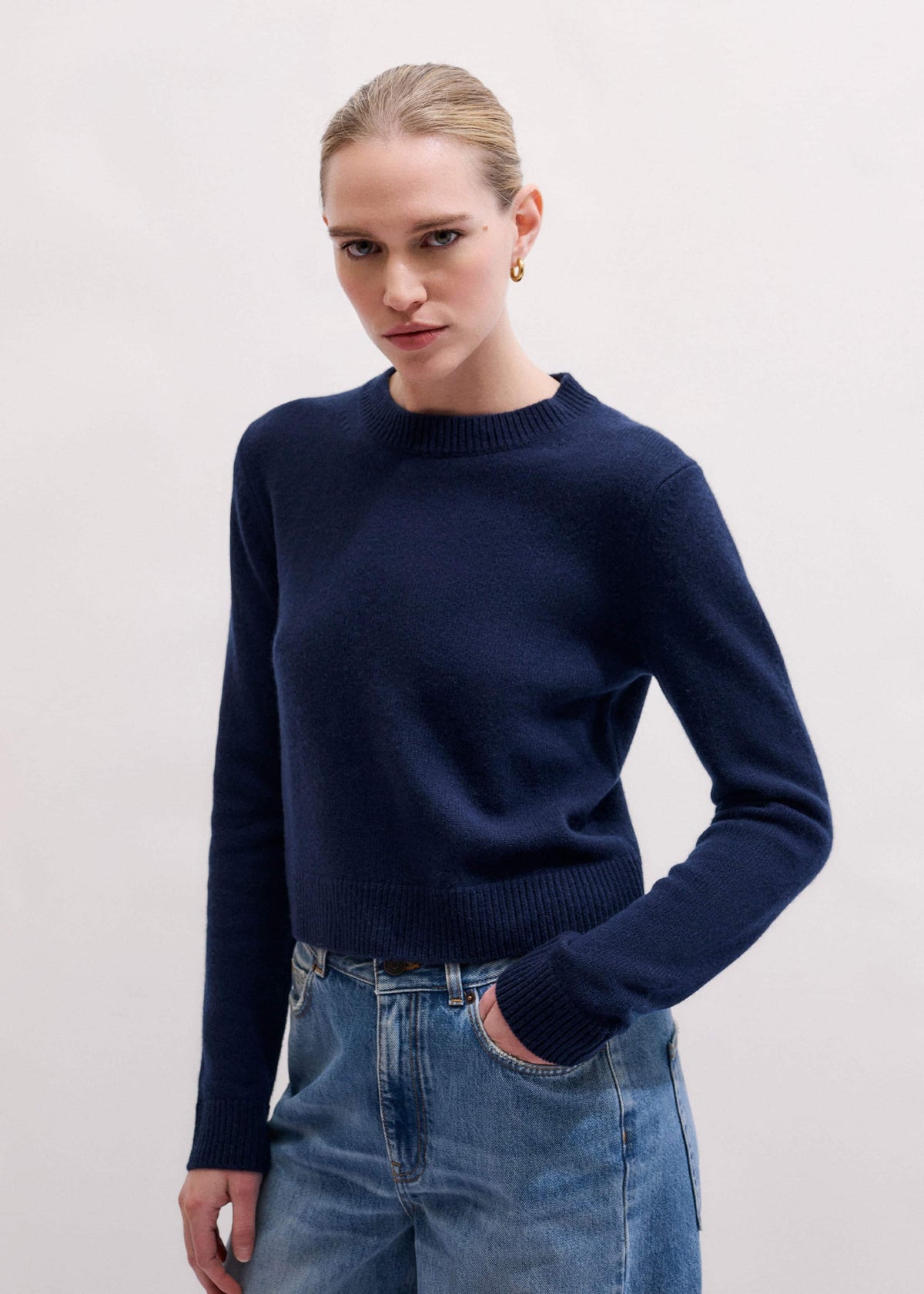 ME+EM Navy Cashmere Crew Neck Crop Sweater