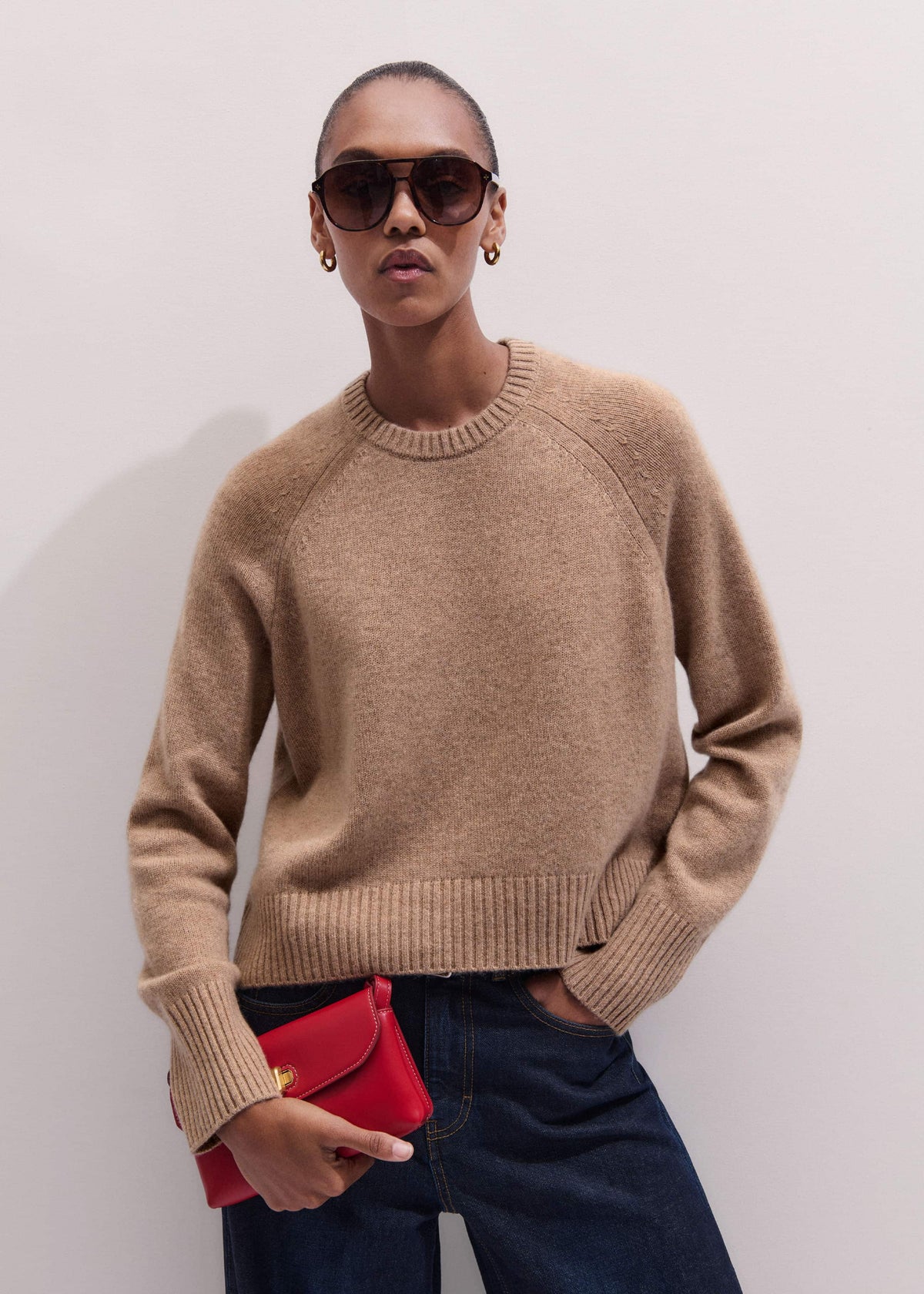 ME+EM Brown Cashmere Curved Hem Raglan Sweater + Snood