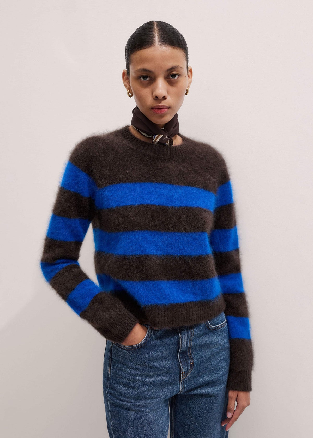 ME+EM Brown Brushed Cashmere Stripe Crop Jumper