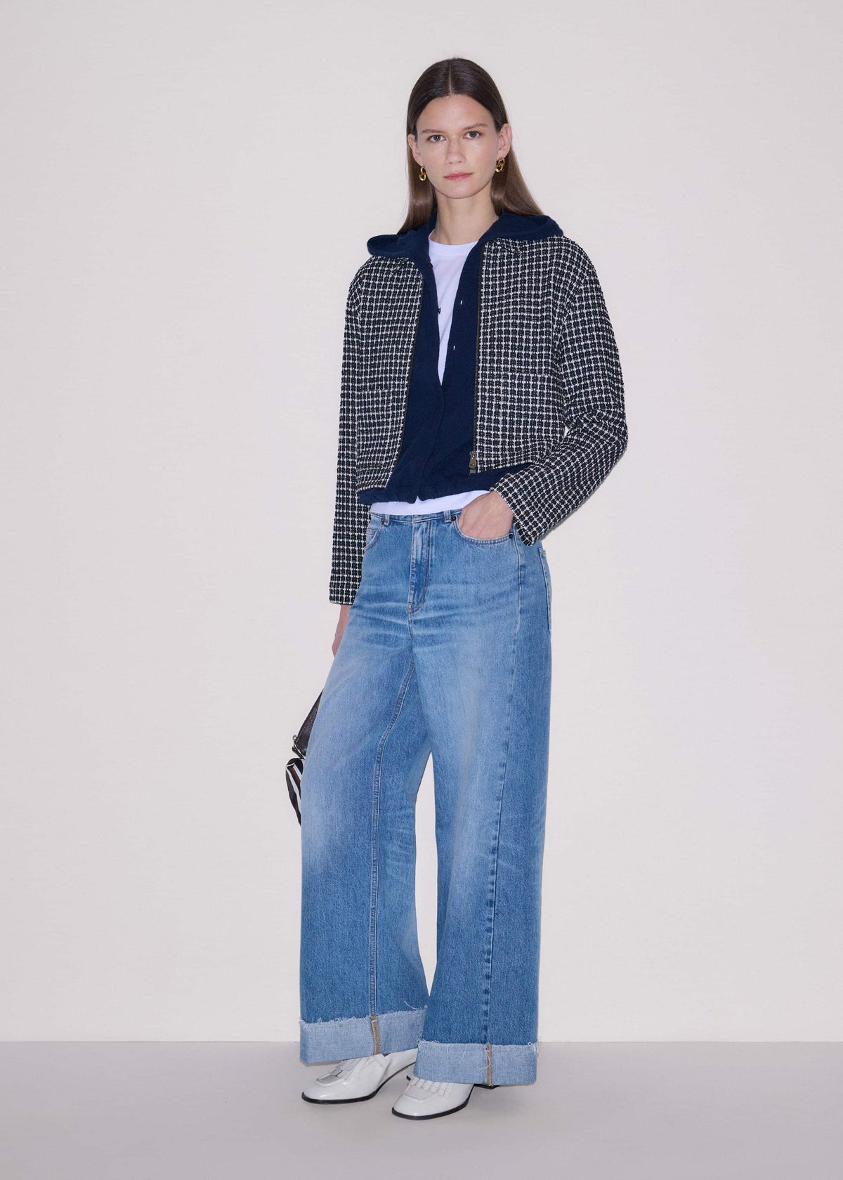 ME+EM Dark Navy Cashmere Drop Shoulder Box Crop Hoodie