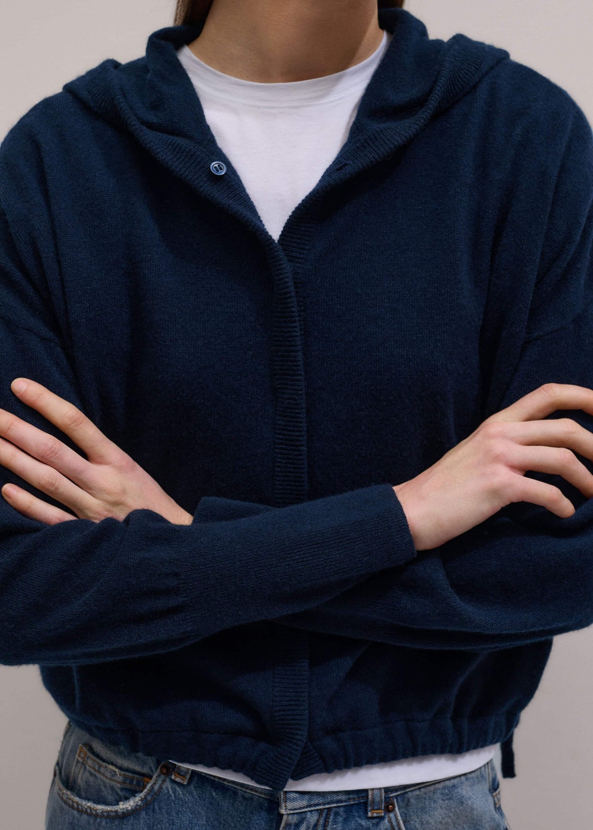 ME+EM Dark Navy Cashmere Drop Shoulder Box Crop Hoodie
