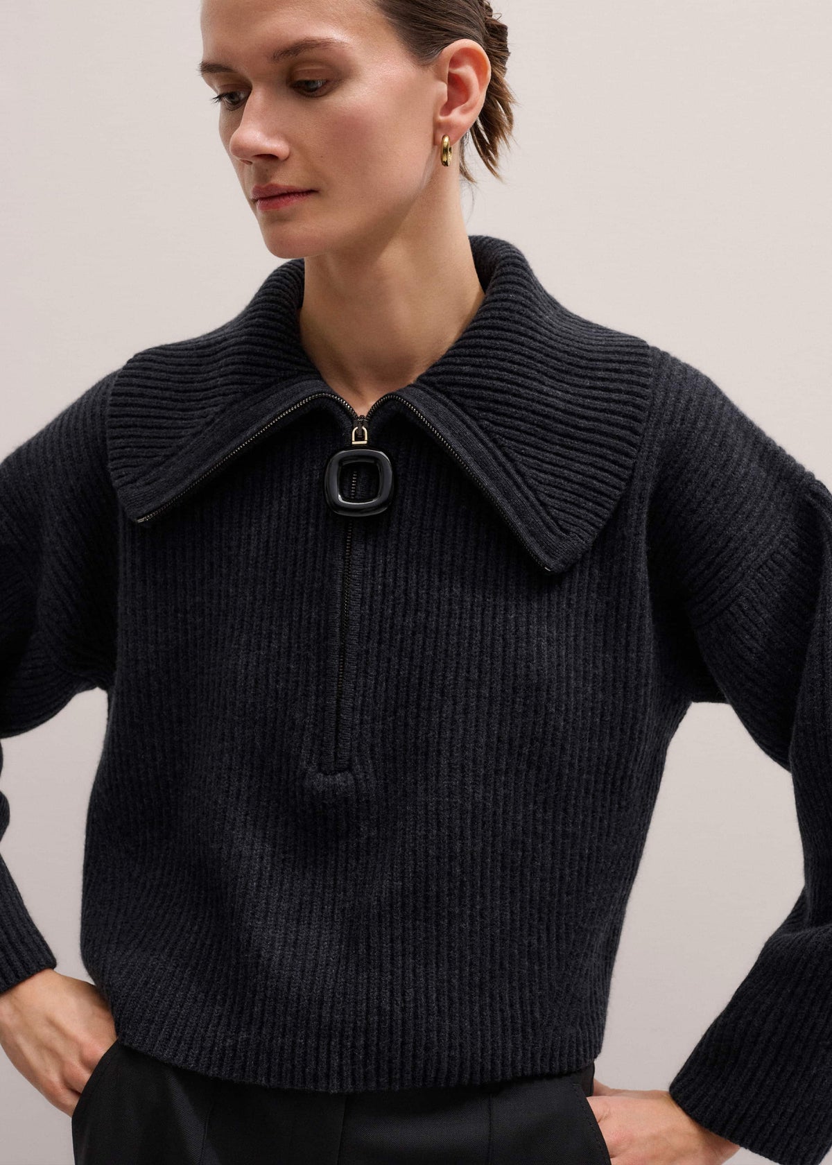 ME+EM Grey Relaxed Fly Neck Zip Jumper