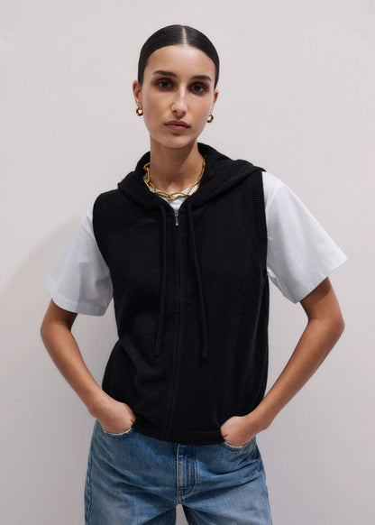 ME+EM Black Cashmere Sleeveless Relaxed Zip Hoodie