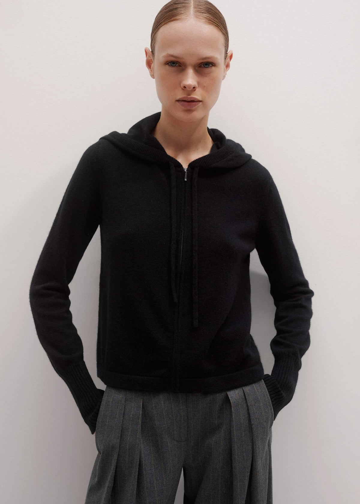 ME+EM Black Cashmere Relaxed Fit Box Zip Hoodie