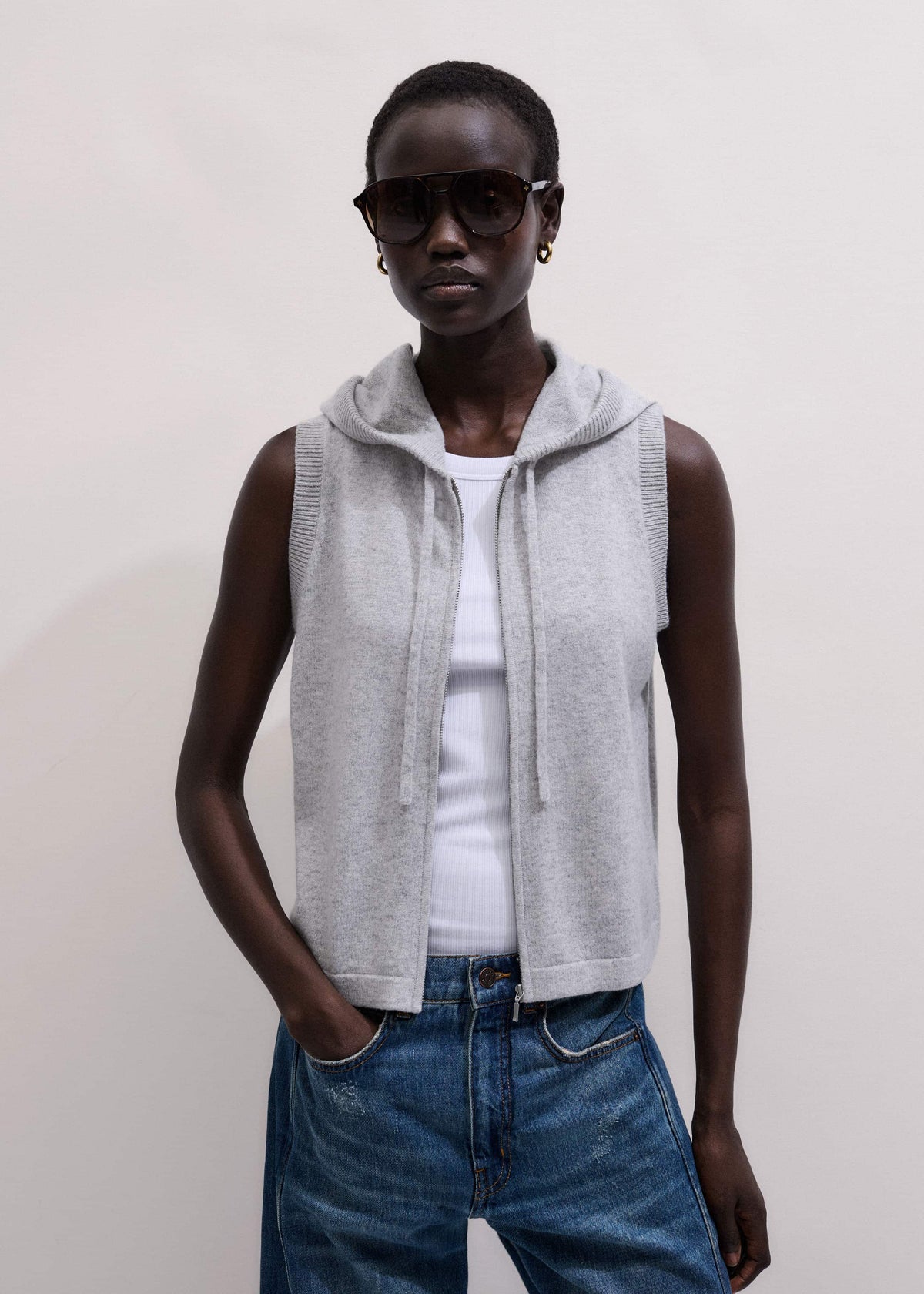 ME+EM Gray Cashmere Sleeveless Relaxed Zip Hoodie