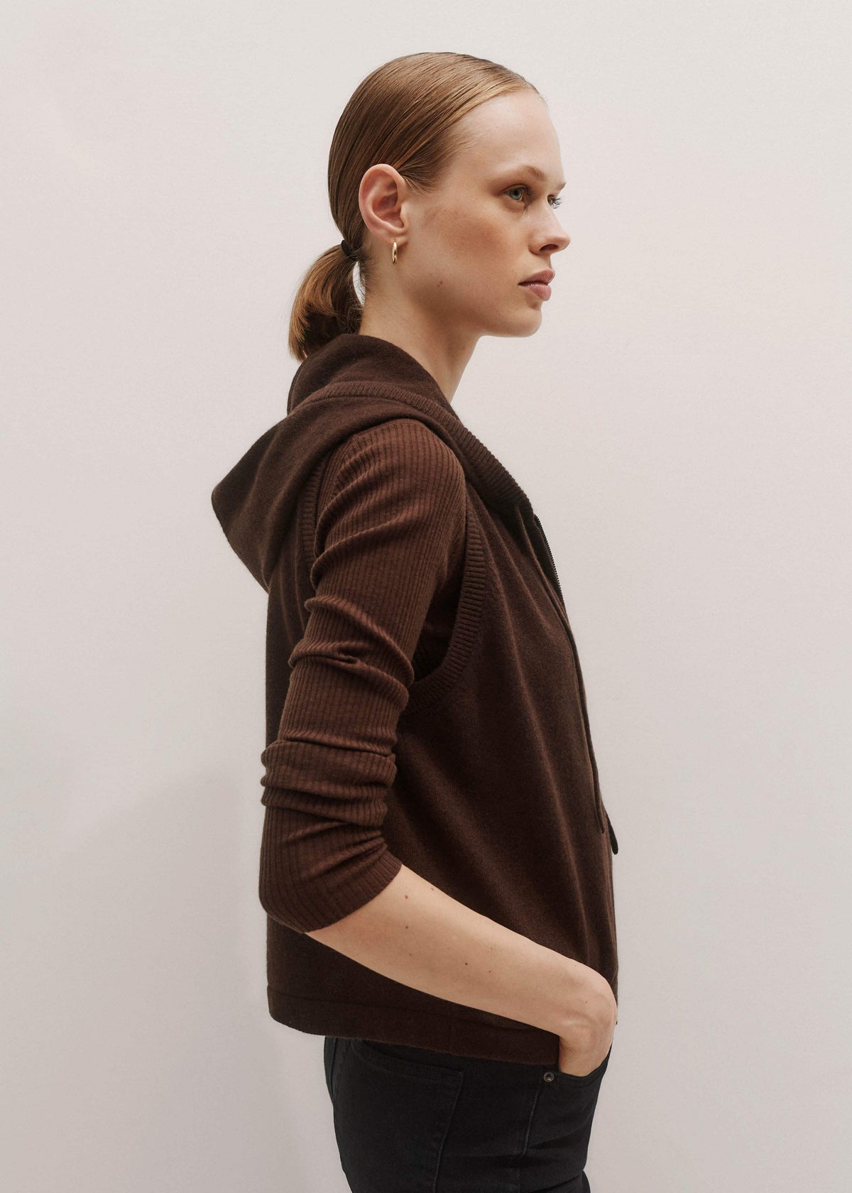ME+EM Brown Cashmere Sleeveless Relaxed Zip Hoodie