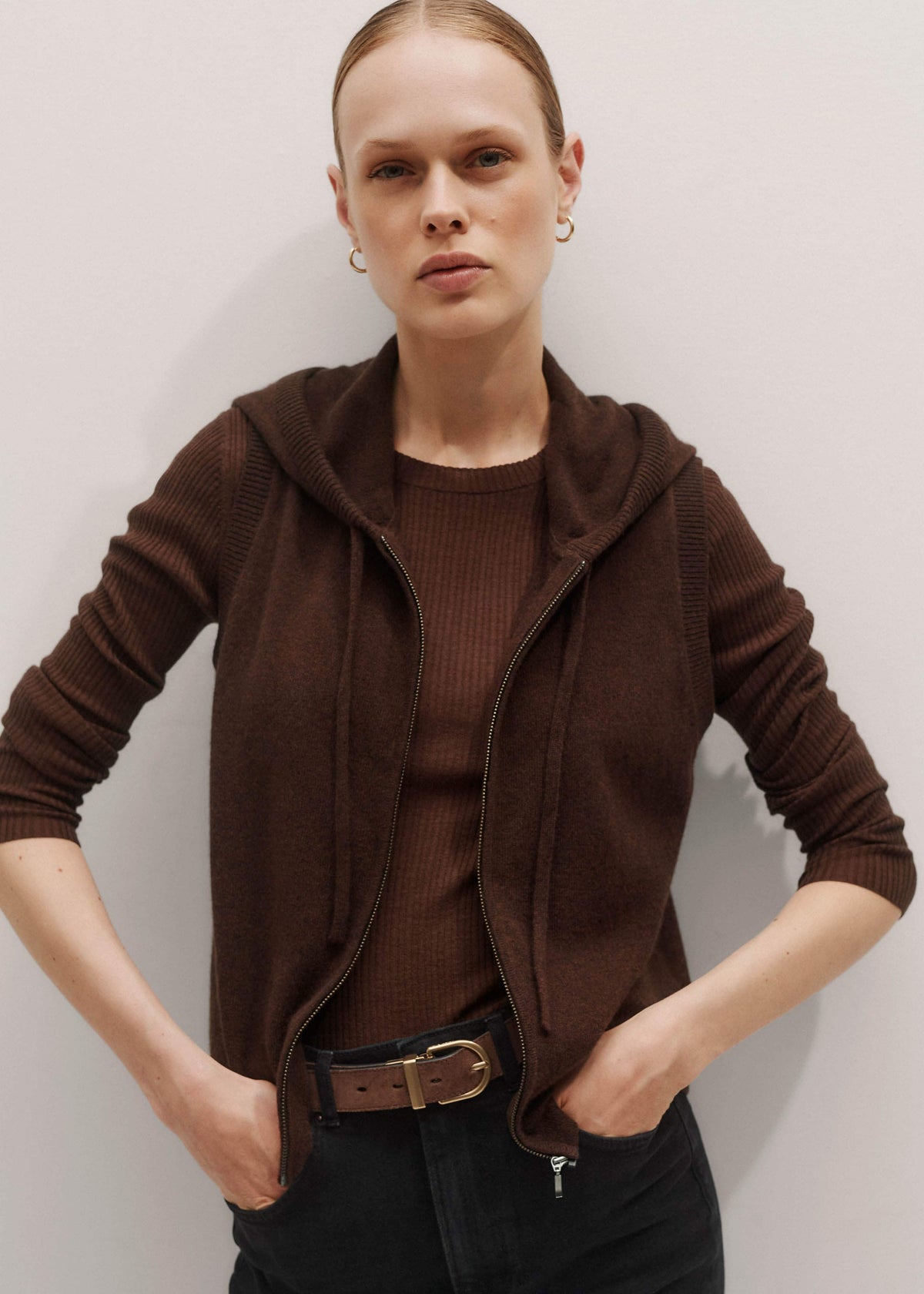 ME+EM Brown Cashmere Sleeveless Relaxed Zip Hoodie