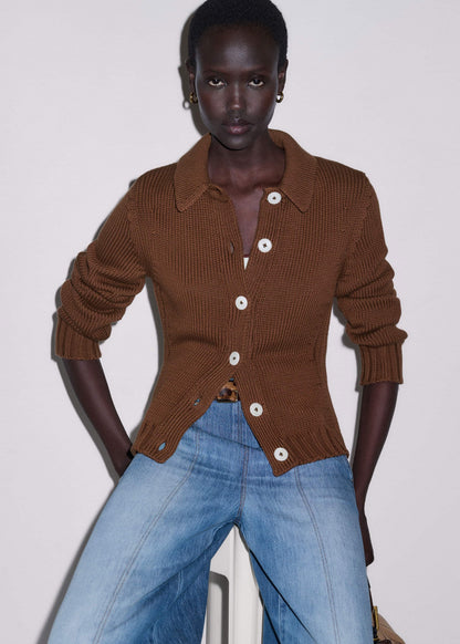 ME+EM Brown Slim Collared Cardigan