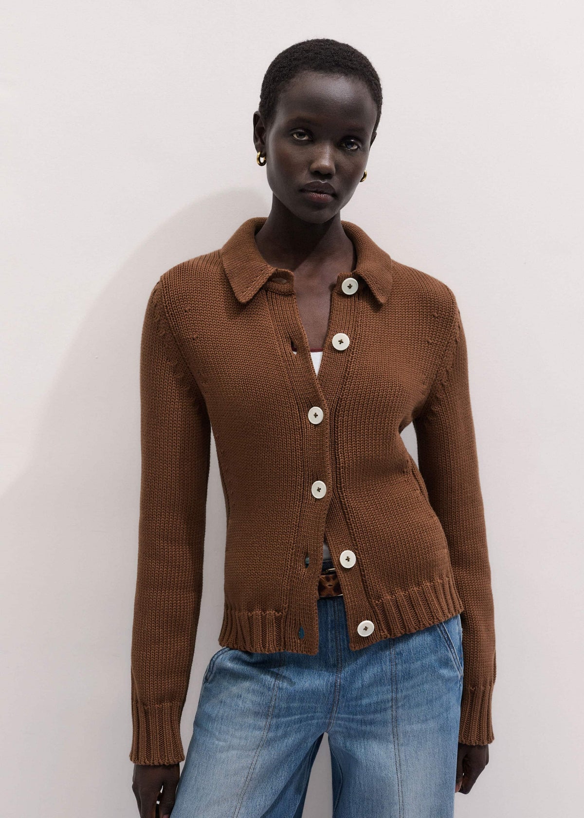 ME+EM Brown Slim Collared Cardigan
