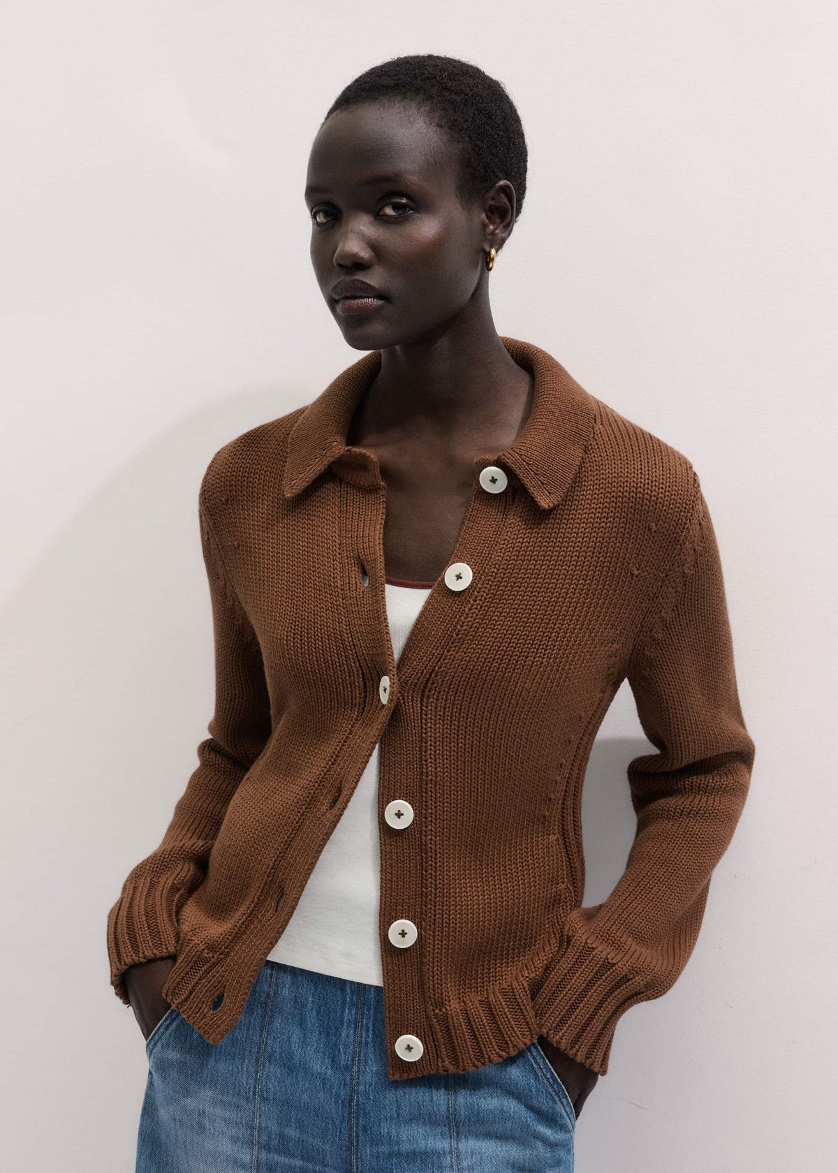 ME+EM Brown Slim Collared Cardigan