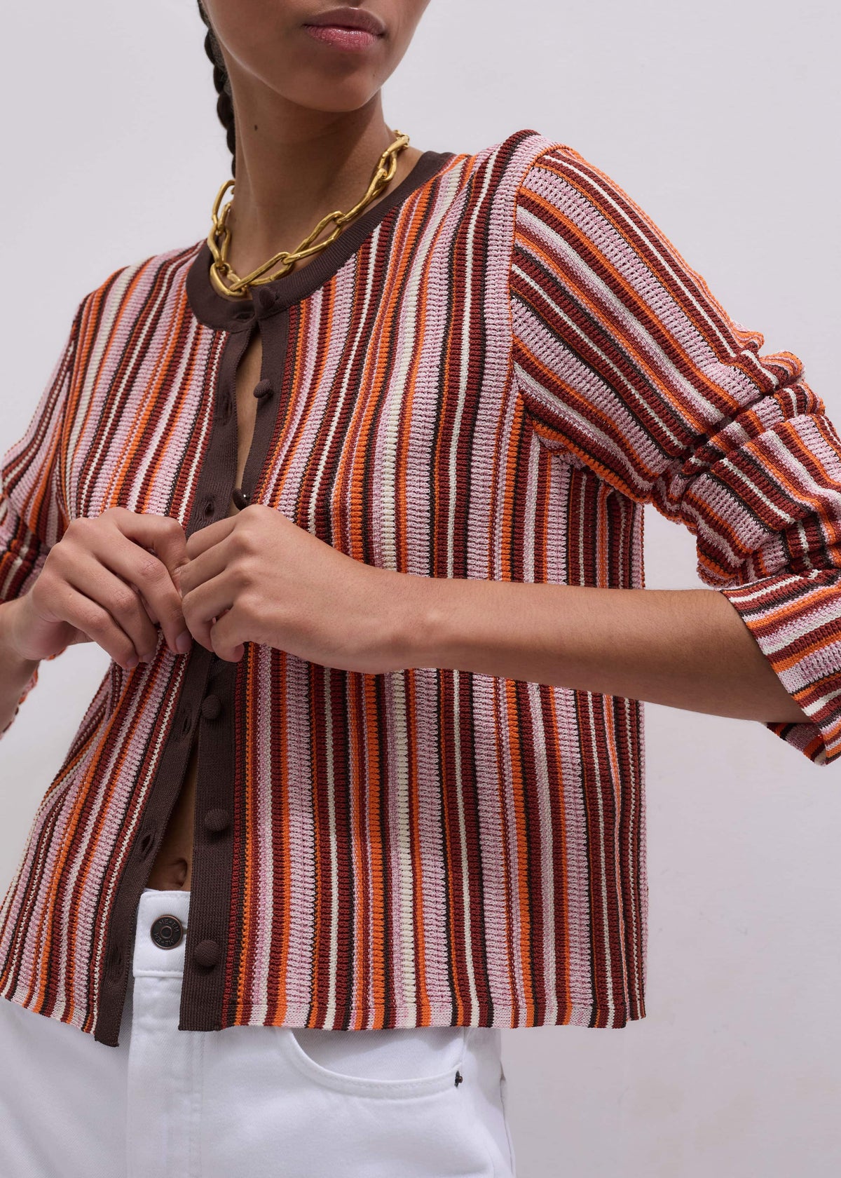 ME+EM Cinnamon Brown Metallic Stripe Cardigan