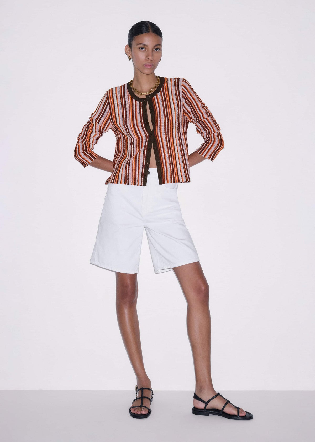 ME+EM Cinnamon Brown Metallic Stripe Cardigan