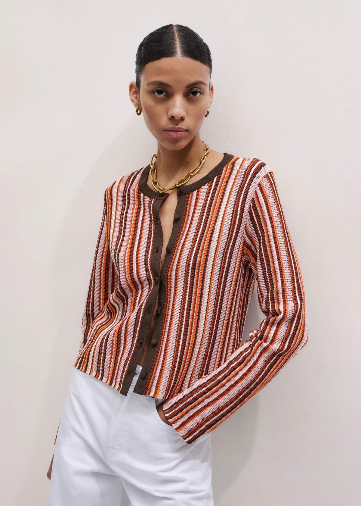 ME+EM Cinnamon Brown Metallic Stripe Cardigan