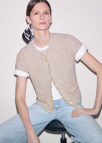 ME+EM Cream Tweed Knit Pouf Shoulder Textured Crop Jacket