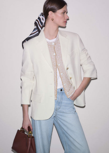 ME+EM Cream Tweed Knit Pouf Shoulder Textured Crop Jacket