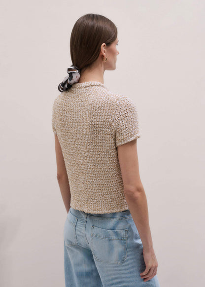 ME+EM Cream Tweed Knit Pouf Shoulder Textured Crop Jacket