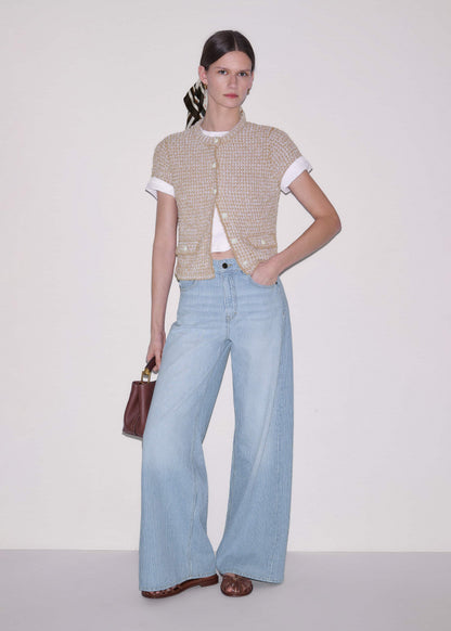 ME+EM Cream Tweed Knit Pouf Shoulder Textured Crop Jacket