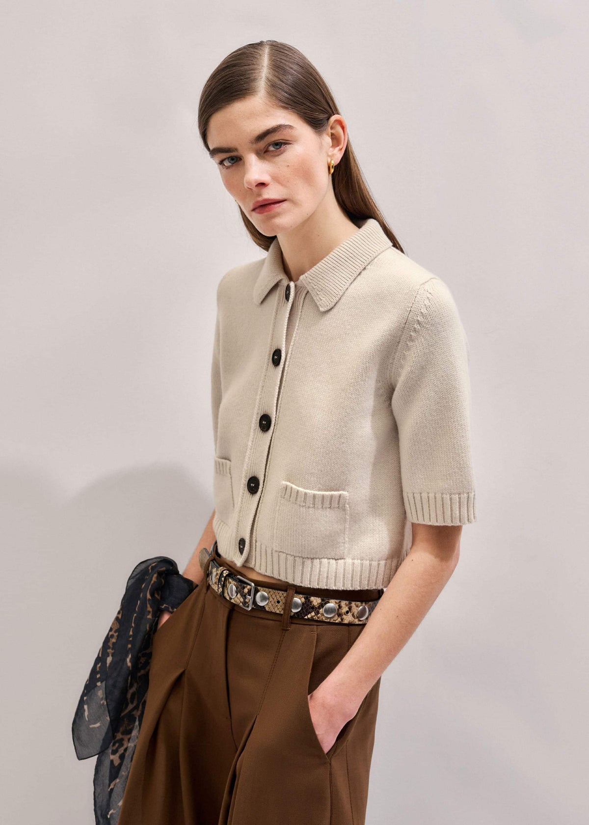 ME+EM Cream Merino Cashmere Cropped Knit Jacket