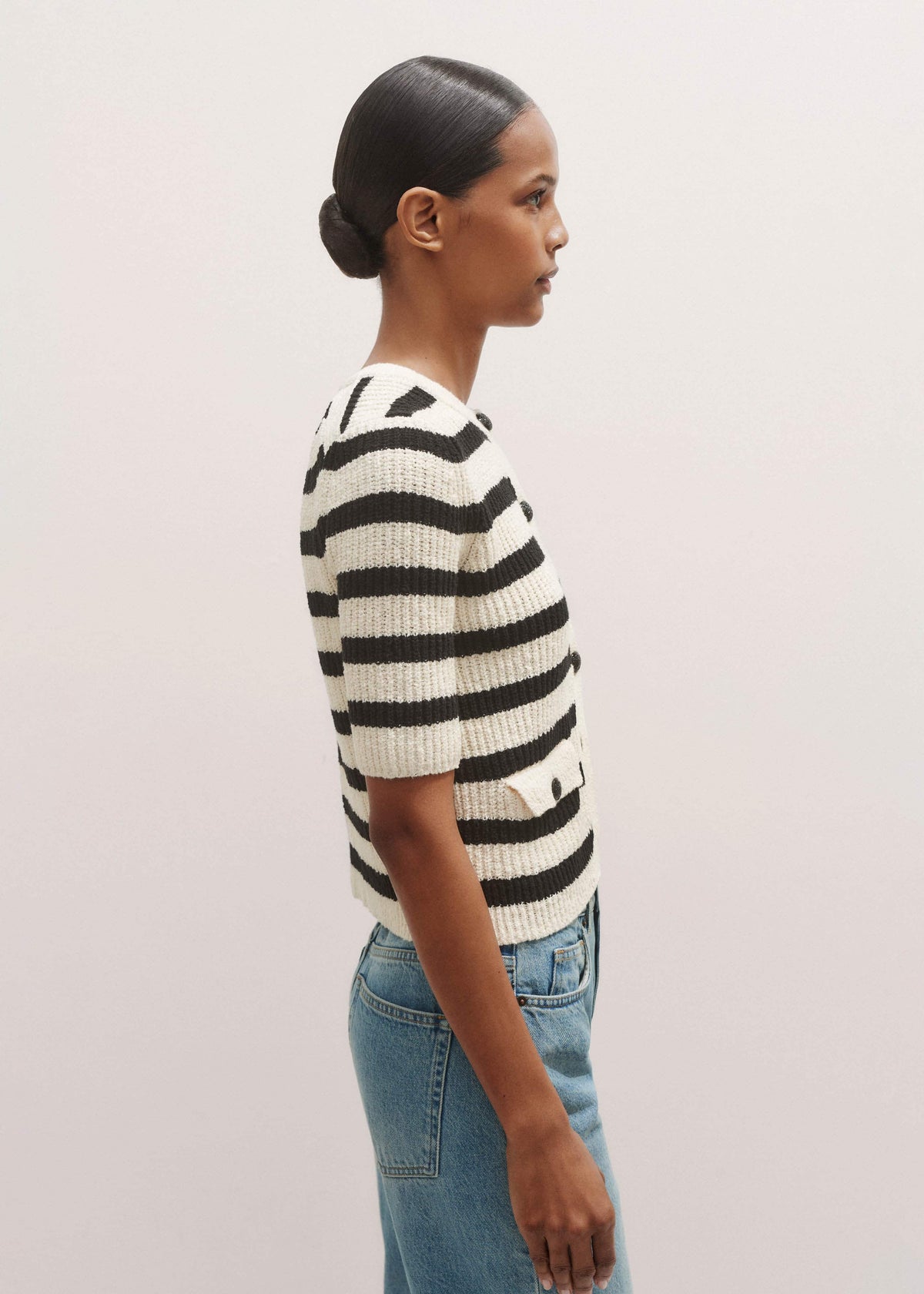 ME+EM Cream Bouclé Stripe Short Sleeve Cardigan
