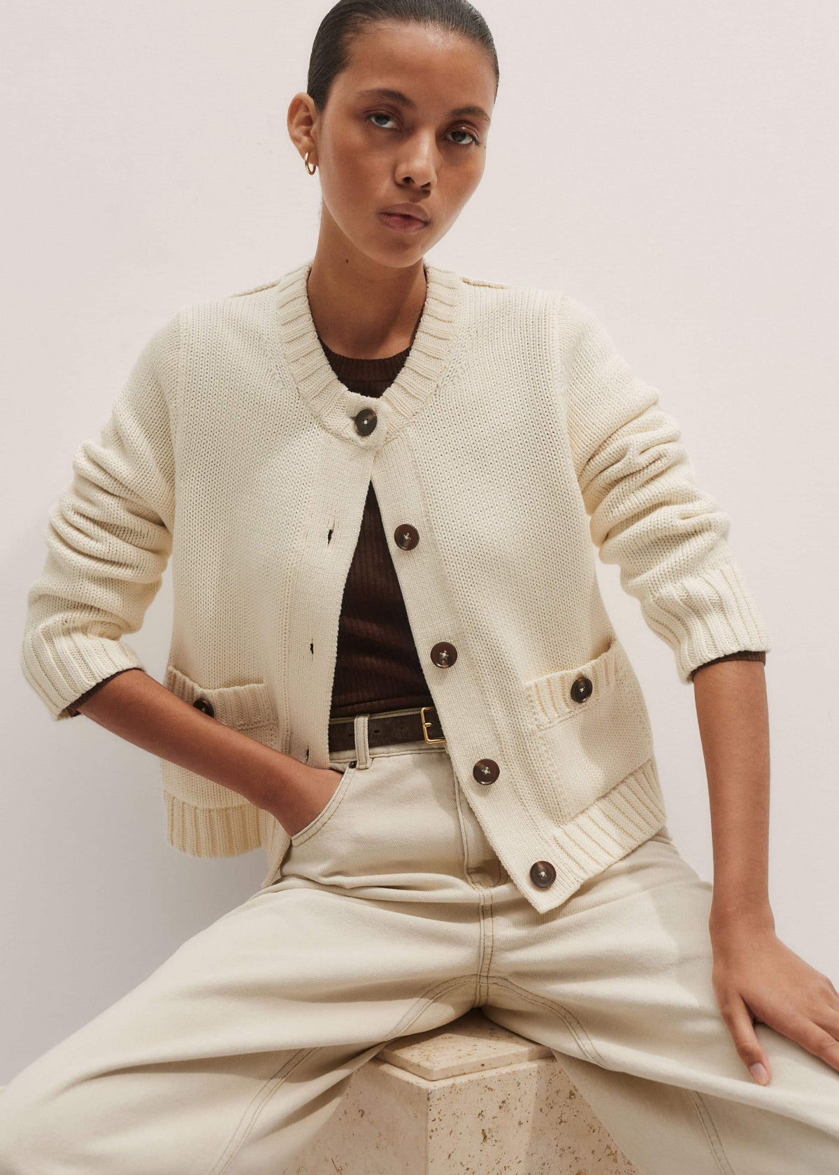 ME+EM Cream Bracelet Sleeve Cropped Cardigan