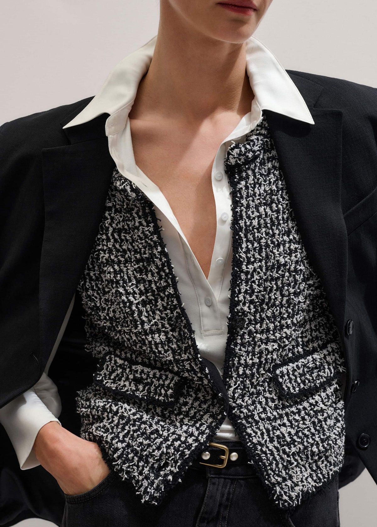 ME+EM Black Tweed Knit Pouf Sleeve Crop Jacket