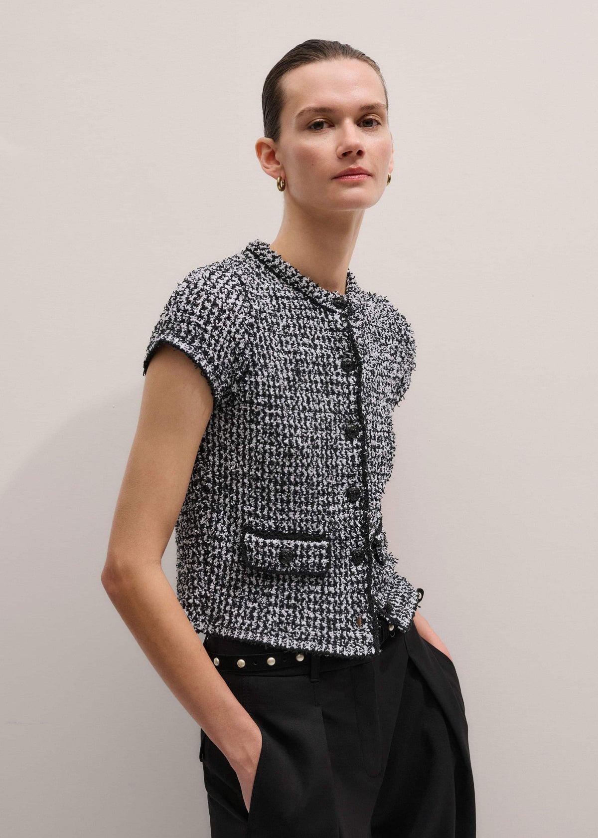 ME+EM Black Tweed Knit Pouf Sleeve Crop Jacket