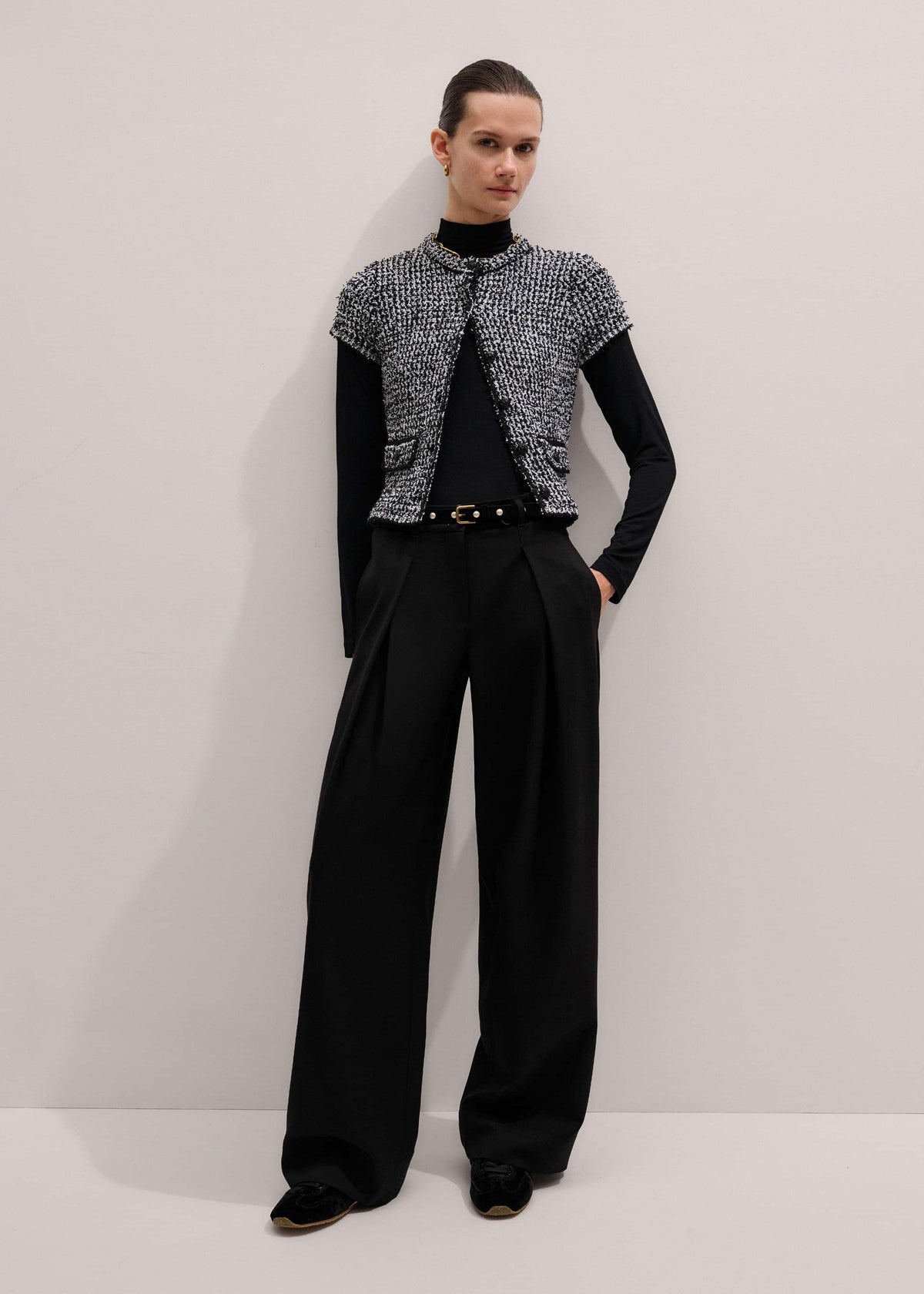 ME+EM Black Tweed Knit Pouf Sleeve Crop Jacket