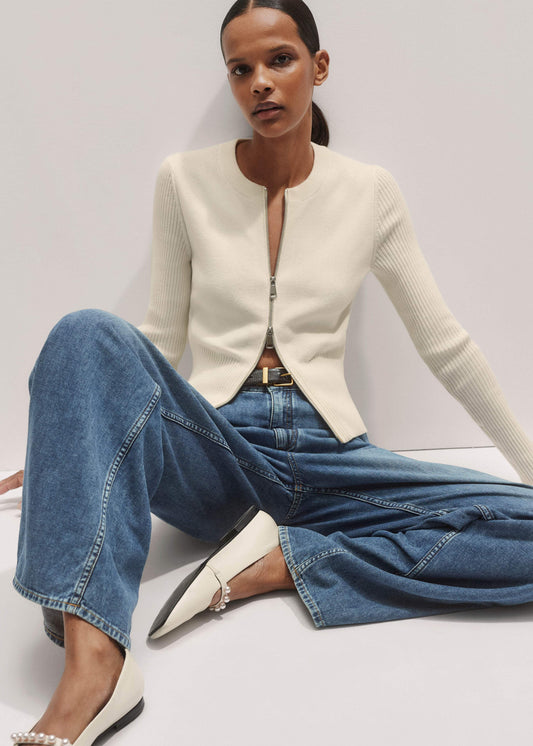 ME+EM Cream Milano Knit Two-Way Zip Cardigan