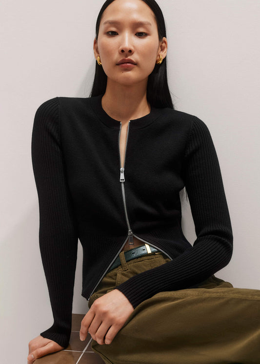 ME+EM Black Milano Knit Two-Way Zip Cardigan