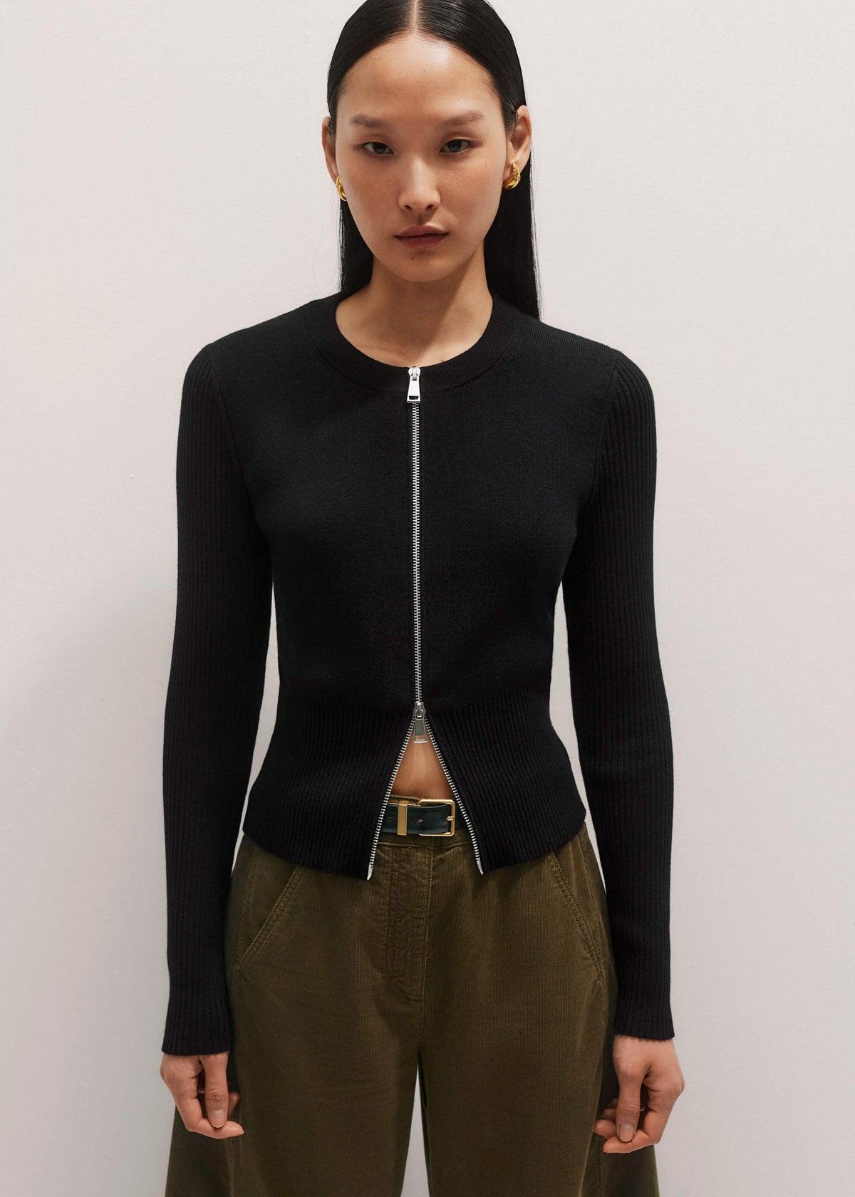 ME+EM Black Milano Knit Two-Way Zip Cardigan