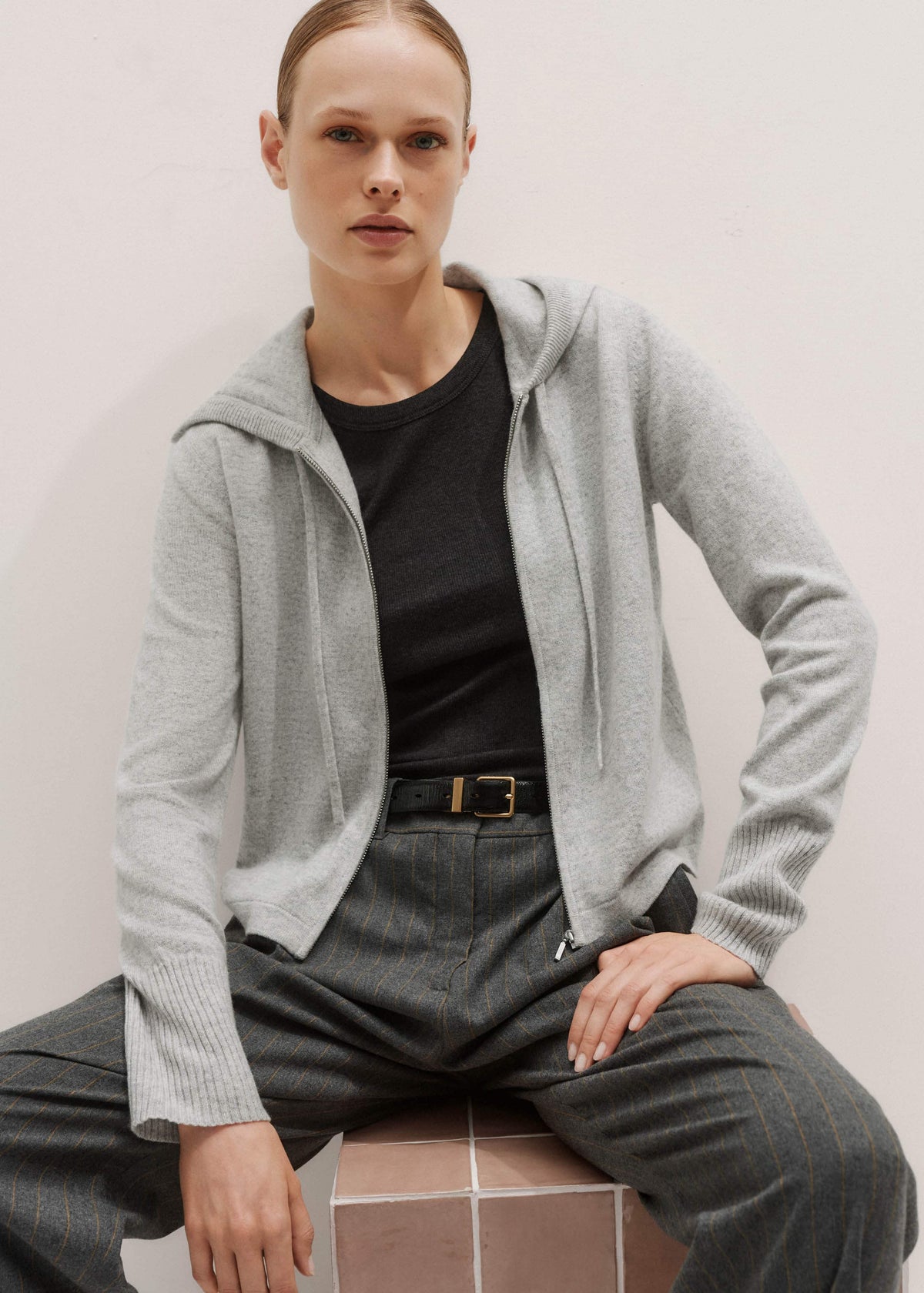 ME+EM Silver Gray Mélange Cashmere Relaxed Fit Box Zip Hoodie
