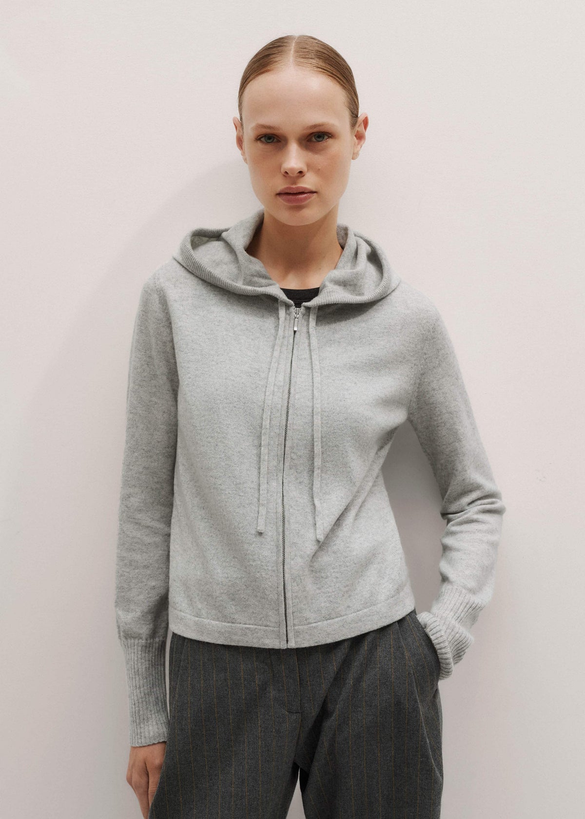 ME+EM Silver Gray Mélange Cashmere Relaxed Fit Box Zip Hoodie