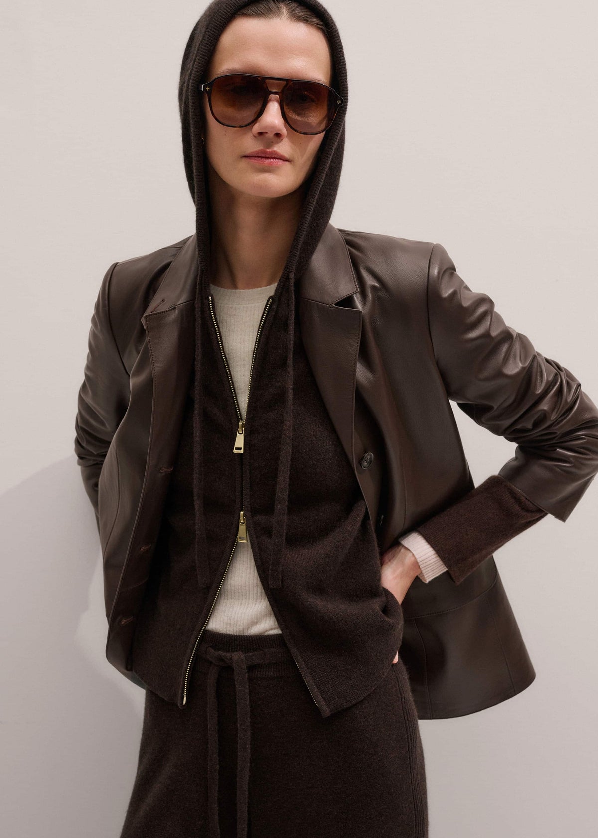 ME+EM Brown Cashmere Two Way Zip Straight Hoodie