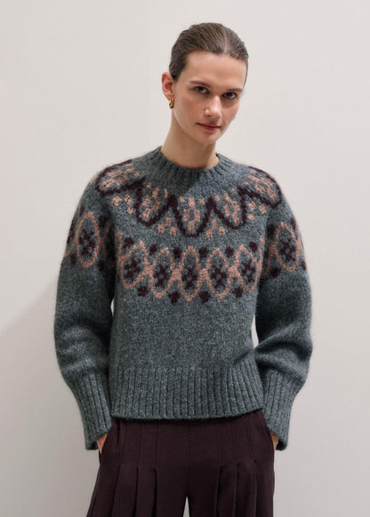ME+EM Gray Fairisle Jacquard Relaxed Sweater + Snood
