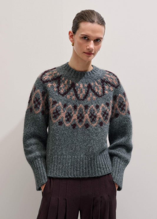 ME+EM Gray Fairisle Jacquard Relaxed Sweater + Snood