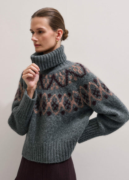 ME+EM Gray Fairisle Jacquard Relaxed Sweater + Snood