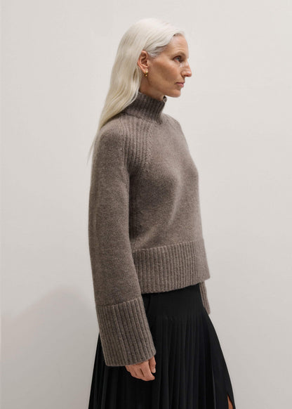 ME+EM Brown Cashmere High Neck Relaxed Statement Sweater