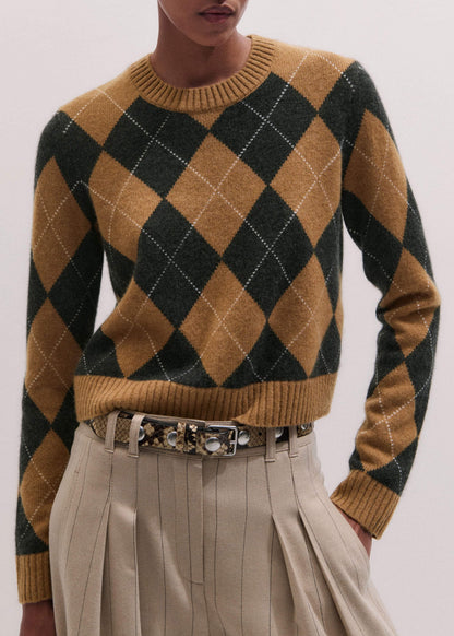 ME+EM Brown Cashmere Relaxed Argyle Sweater