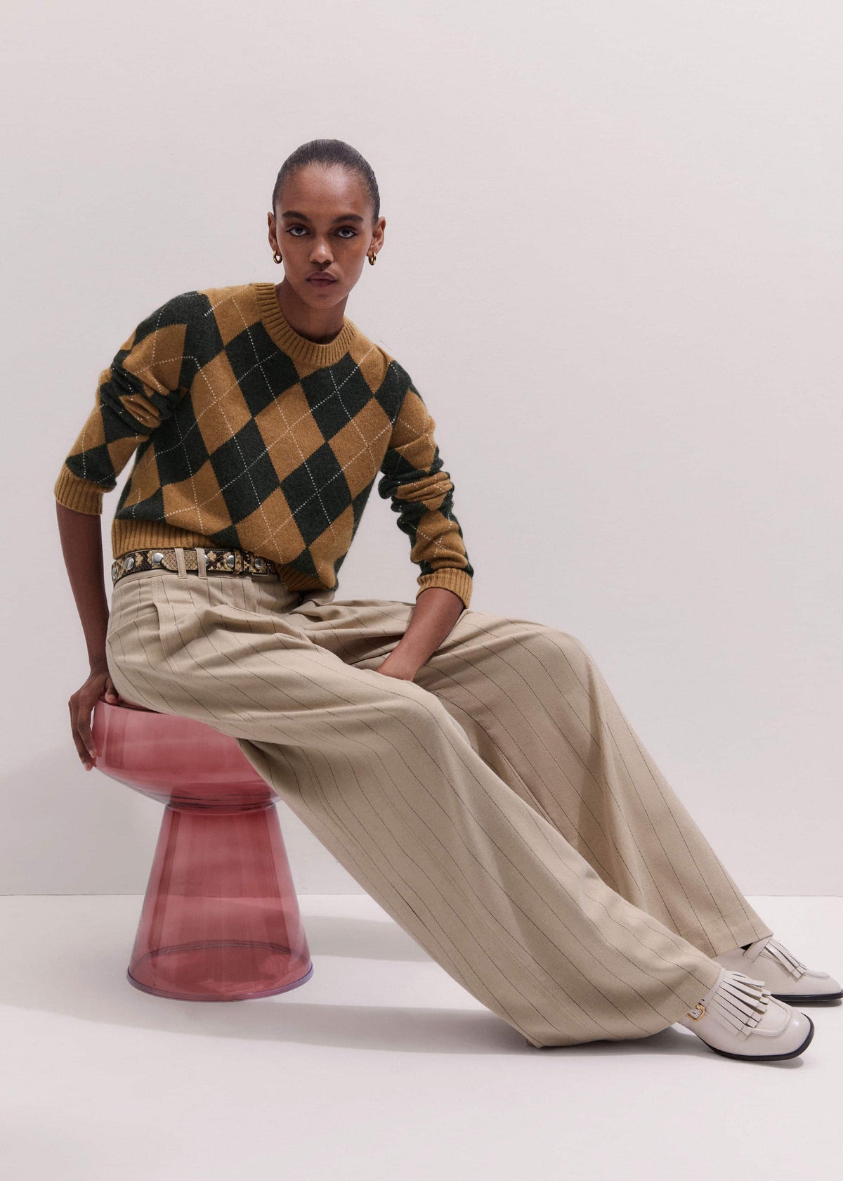 ME+EM Brown Cashmere Relaxed Argyle Sweater