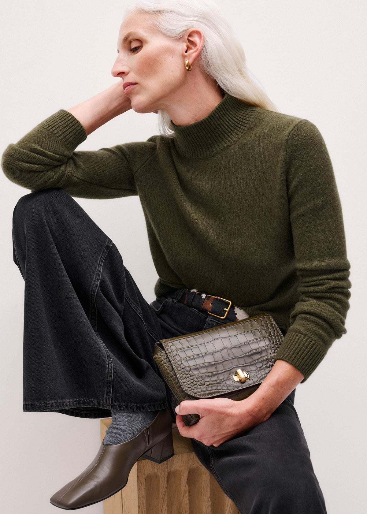 ME+EM Olive Green High Neck Crop Sweater