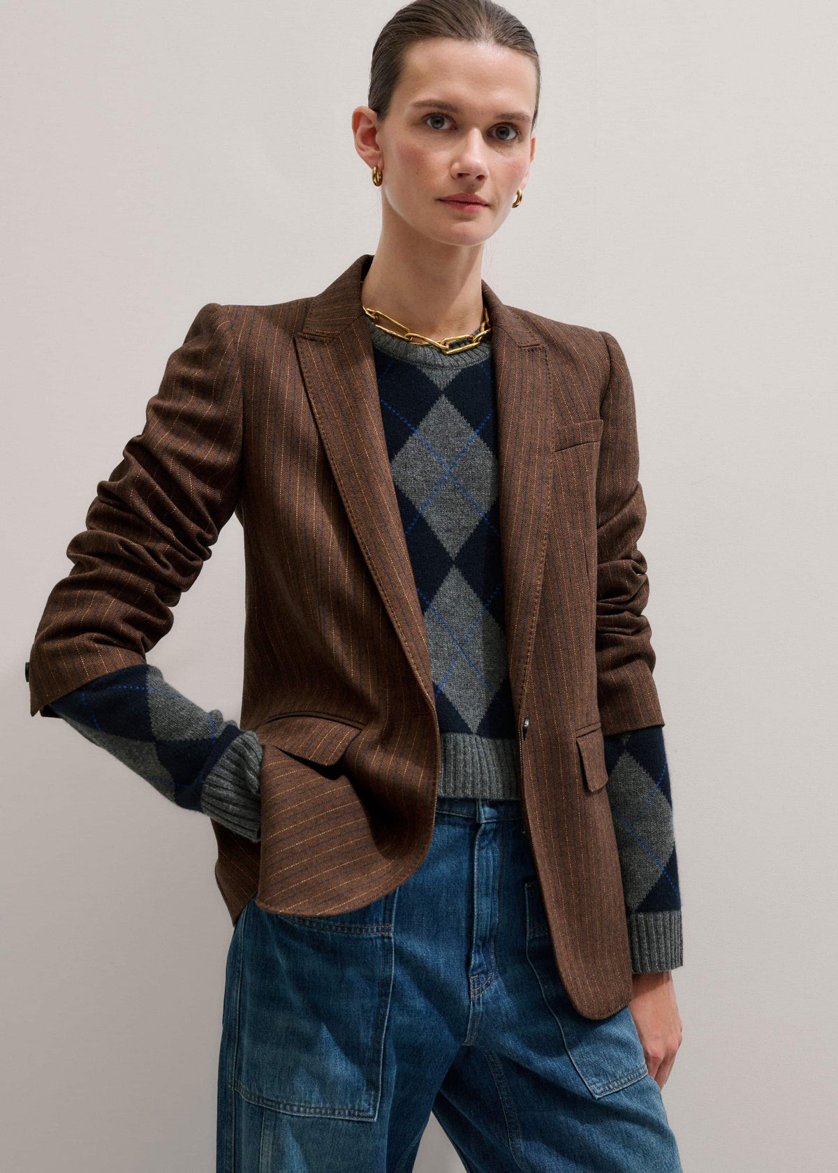 ME+EM Brown Pinstripe Sharp Shoulder Blazer