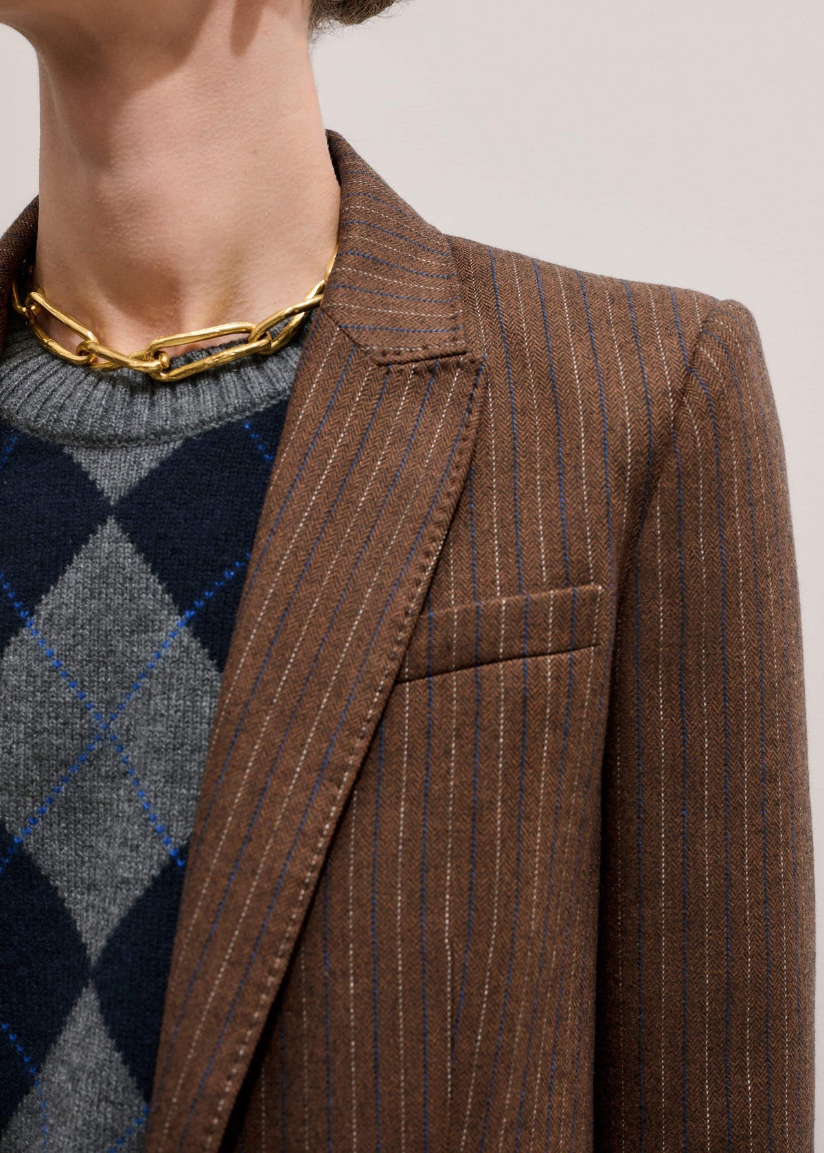 ME+EM Brown Pinstripe Sharp Shoulder Blazer