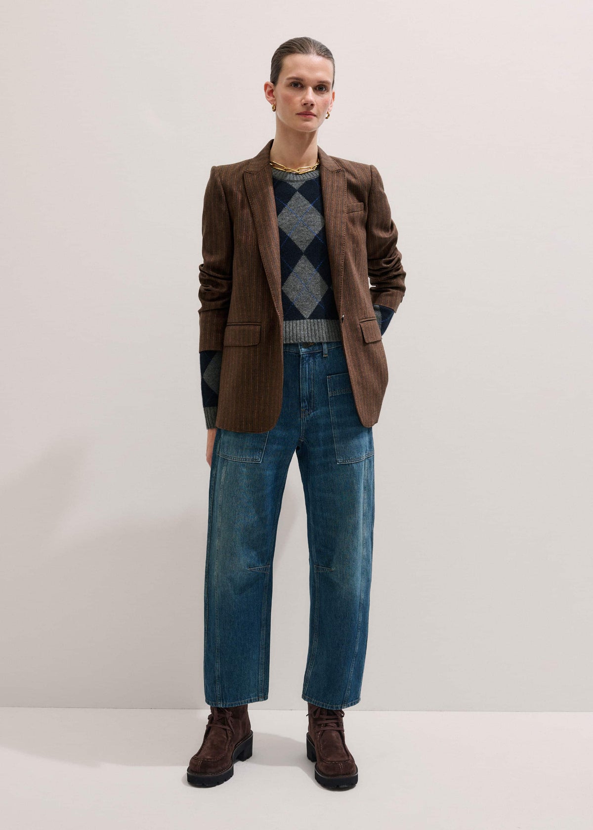 ME+EM Brown Pinstripe Sharp Shoulder Blazer
